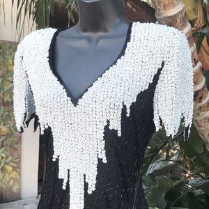 Vintage scala pearl power shoulders and beaded silk column gown